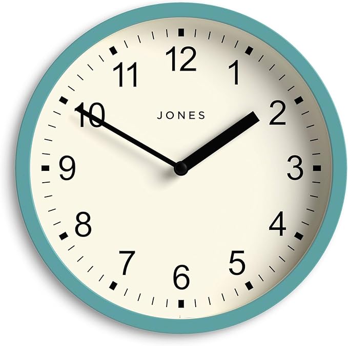 JONES CLOCKS® Spin Wall Clock | Small Modern Round Clock | 8inch | Teal Blue | Easy to Read Numbers | Ideal for Kitchen, Office, Children’s Room or Any Small Space