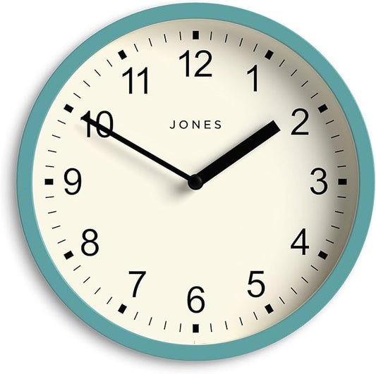 JONES CLOCKS® Spin Wall Clock | Small Modern Round Clock | 8inch | Teal Blue | Easy to Read Numbers | Ideal for Kitchen, Office, Children’s Room or Any Small Space