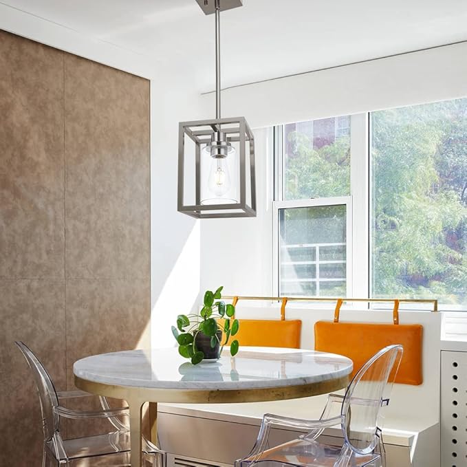 VINLUZ Contemporary Pendant Lighting,Single 1 Light Brushed Nickel Cage Hanging Light with Clear Glass Shade for Kitchen Island Entryway Dining Room Hallway Porch