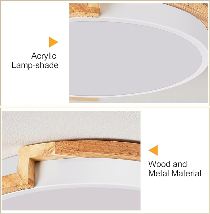 Modern LED Close to Ceiling Light, Round Shape Flush Mount Ceiling Lighting Fixture, Matte White with Wood Accent, Minimalist Kitchen Light Fixtures for Bedroom, Entryway, Laundry Room, 11.8in