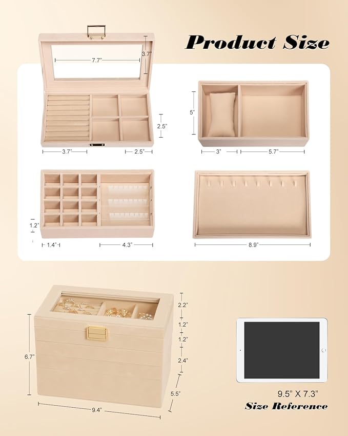 Homde Jewelry Tray Stackable Jewelry Box Drawer Organizer with Glass Lid, Removable Dividers for Vanity Table Gift Idea for Girls and Women(Apricot)