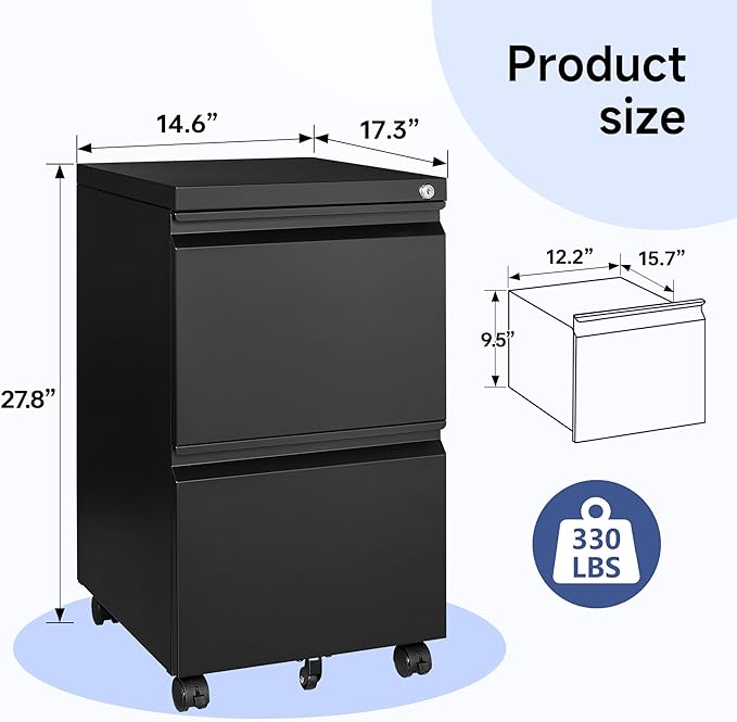 Mobile File Cabinet with Lock - 2 Drawer, Small Rolling Cabinet for Home Office, Legal/Letter/A4 (Black)