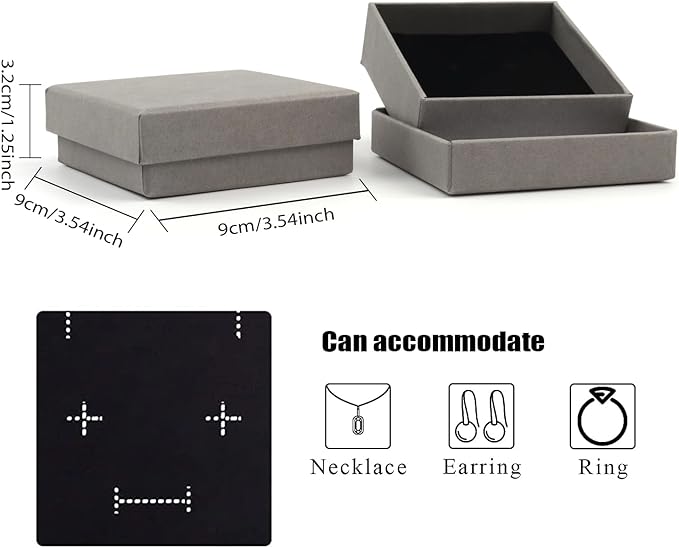 Jewelry Gift Boxes - 12 Pieces Square Cardboard Boxes, Cotton Filled, 3.5x3.5x1.25 Inches (Gray)