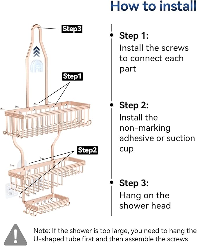 YASONIC Shower Caddy Hanging - Never Rust Shower Organizer - Aluminum over The shower head caddy with 10 Hooks for Razor/Sponge - Shower Rack with Soap Basket - Rose Gold