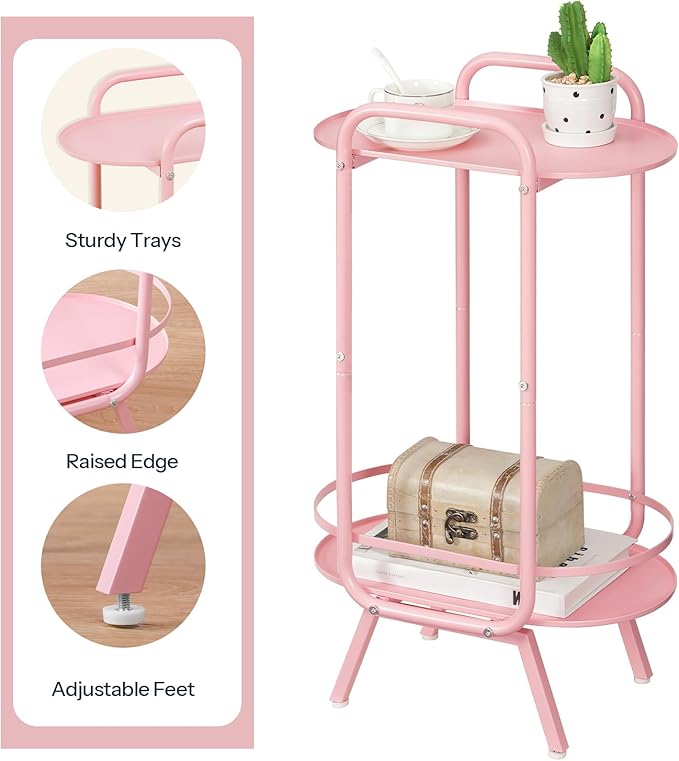 HOOBRO Pink Side Table, 2 Tier Oval End Table with Tray Storage, Small Cute Kids Nightstand for Living Room, Bedroom, Dorm PK184BZ01