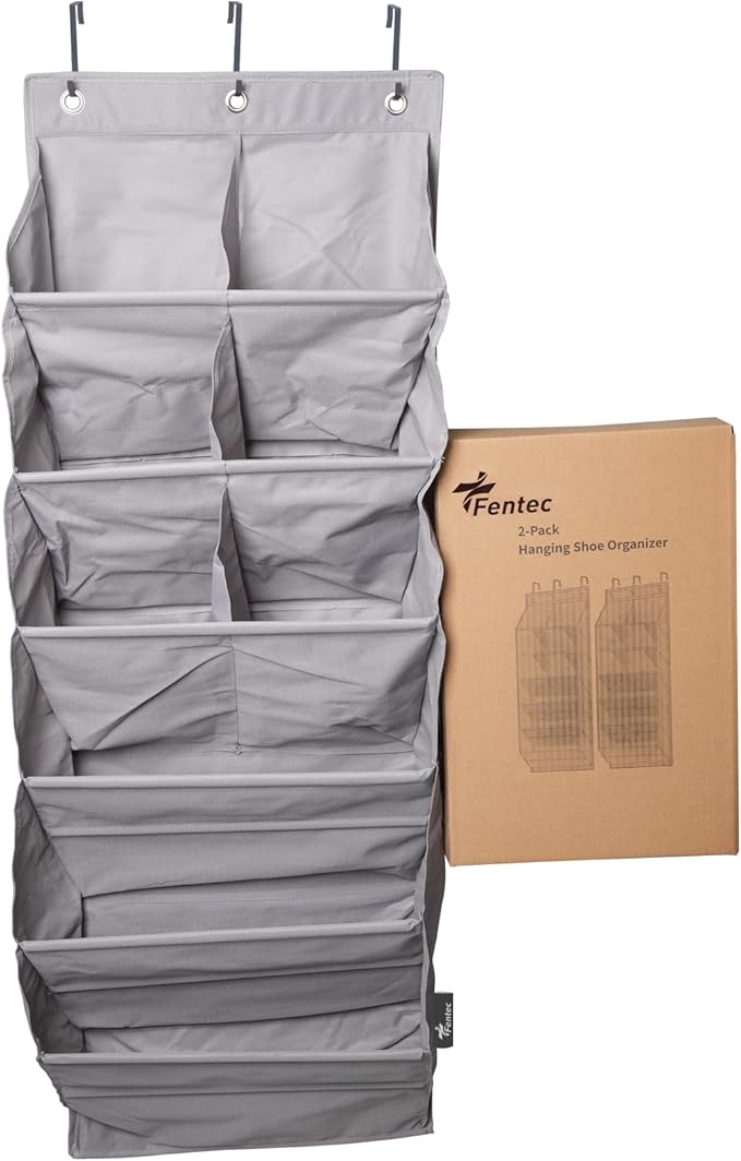 FENTEC 2 Pack Over the Door Shoe Organizer, Hanging Shoe Organizer, 6-Tier Large Deep Pockets Door Shoe Rack with 3 Hooks Shoe Organizer for Shoes, Sneakers, and Home Accessories, Grey