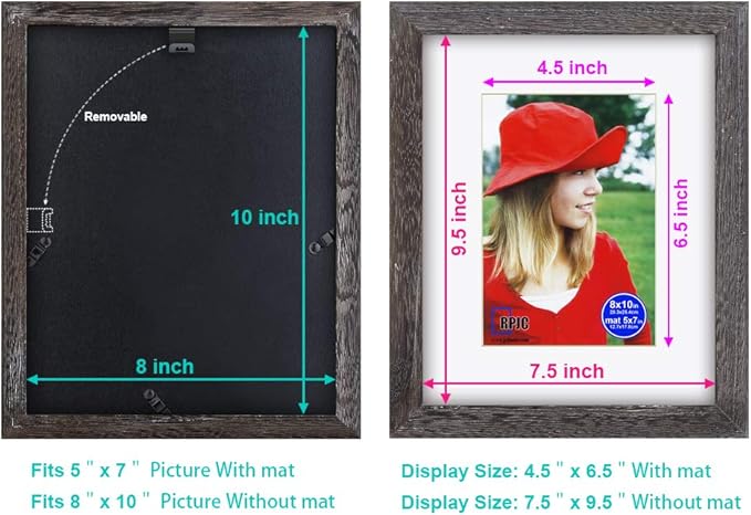 RPJC 8x10 inch Picture Frame Made of Solid Wood and High Definition Glass Display Pictures 5x7 with Mat or 8x10 Without Mat for Wall Mounting Photo Frame Driftwood Finish