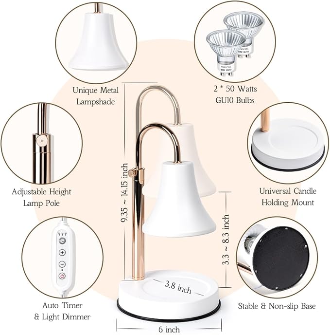 Candle Warmer Lamp White, Height Adjustable Candle Lamp Warmer with Timer, Dimmable Electric Wax Melt Warmer for Jar Candles, House Warming Gifts New Home Decor