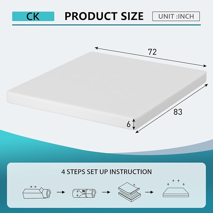 PayLessHere 6 Inch Gel Memory Foam Mattress Medium Firm Mattresses CertiPUR-US Certified Bed-in-a-Box Pressure Relieving California King Size,Fiberglass Free，White