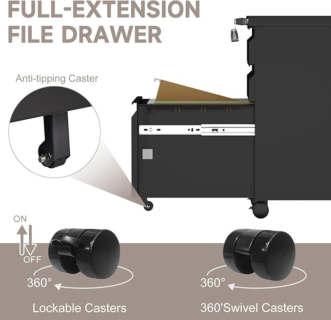 3 Drawer File Cabinet,Metal File Cabinet 2 Drawer with Lock,Small Filing Cabinets for Home Office,Letter/Legal/A4 Size,Black