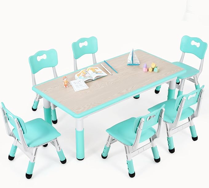 Arlopu Kids Table and 6 Chairs Set, Height Adjustable Graffiti Desk, Preschool Activity Art Craft Table, for Daycare Classroom Home Boys and Girls Age 3-12 (Light Green)