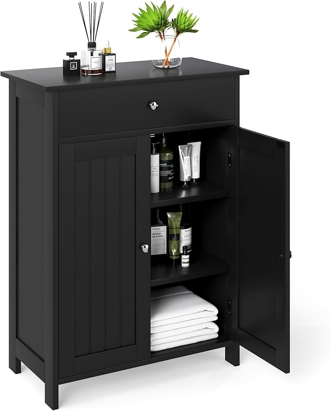 Giantex Storage Cabinet, Freestanding Bathroom Cabinet with 2 Doors, 1 Drawer, 3-Level Adjustable Shelf, Modern Wooden Storage Organizer for Laundry Room, Entryway, Living Room (Black)