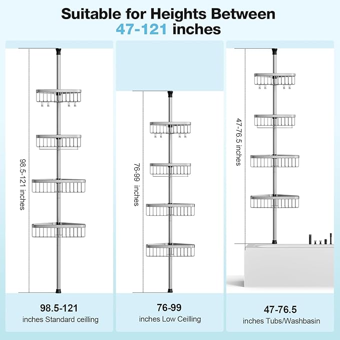 Corner Shower Caddy Tension Pole: Stainless Steel Rustproof 4-Tier Shower Organizer - 47-121 inch Adjustable Bathroom Shelves for Bathtub Shampoo Storage - Tension Rod Floor Standing Bath Rack