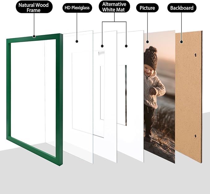KINLINK 12x16 Picture Frame Green, Solid Wood Frames with Acrylic Plexiglass for Pictures 11x14/9x12 with Mat or 12x16 without Mat, Wall Display Photo Frame, Set of 4