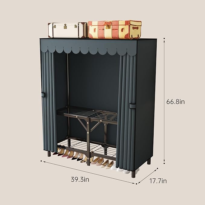 Foldable Clothes Hanger with Cover Portable Wardrobe, Metal Standing Armoire Wardrobe Clothes Rack with Gray Fabric Cover,One-Piece Folding Base,25MM Steel Tube for Bedroom