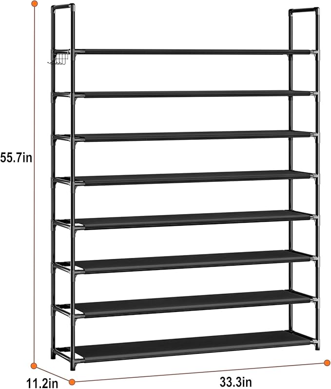 8 Tier Shoe Organizer, 33.3in Wide x 11.2in Deep x 55.7in Tall, Black Metal and Plastic Shoe Rack, Holds up to 32-40 Pairs of Shoes