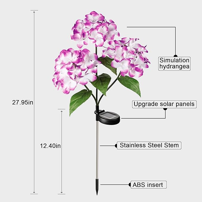 Solar Flowers Lights - Outdoor Waterproof Hydrangea Stake, Solar Flower Decor for Patio, Courtyard, Garden Lawn (Blue & Purple)