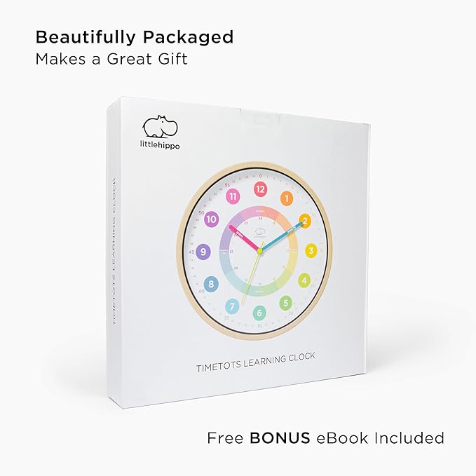 LittleHippo Learning Wall Clock for Kids for Classroom, Bedrooms, Nursery, Playroom - Kid's Analog, Silent, Non-Ticking Clock for Teaching to Tell Time, Study to Learn to Tell Time