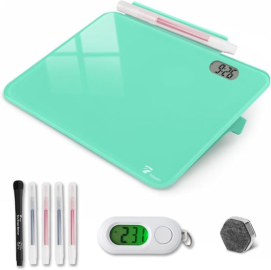 Small Glass Desk Whiteboard Dry-Erase Board with Clock, Small Travel Clock Keychain with Desk Notepad, Time Table Whiteboard for Desk Digital LED Light Display, 8x6 in with Accessories, Turquoise