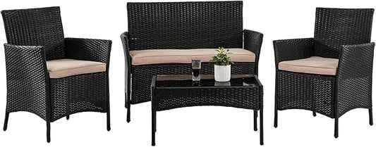 Outdoor Patio Furniture Sets 4 Pieces Patio Set Rattan Chair Wicker Sofa Conversation Set Patio Chair for Backyard Lawn Porch Poolside Balcony Garden Furniture Sets with Coffee Table (Black)