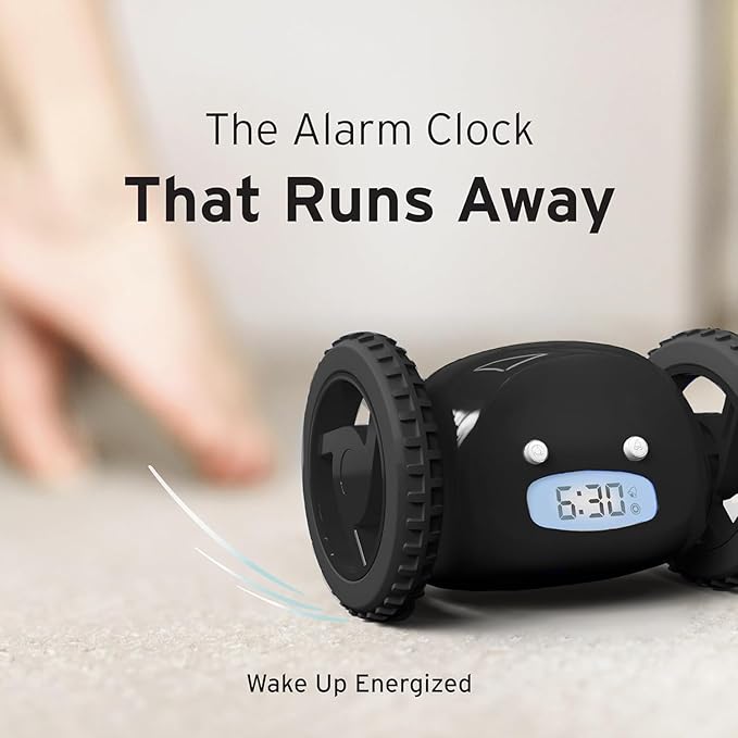 CLOCKY Extra Loud Alarm Clock for Heavy Sleepers on Wheels Rolls Runaway Vibrating Easy To Set Super Smart Snooze Digital Bed Shaker Alarm Clock Funny Gift for Adults Kids Teens Bedroom (Black Wheels)
