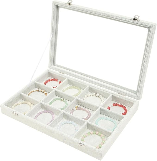 Coward Jewelry Organizer Tray Box, Grey Beige Velvet 12 Grids Bracelet Bangle Necklace Jewelry Display Tray Case with Transparent Glass Lid for Home Desk Drawer or Store Selling Show