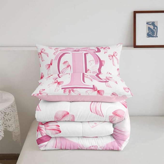 jejeloiu Kids Girls Cute Pink Bow Comforter Set Full Size Monogrammed Bedding Set Ultra Soft Personalized Initial I Duvet Quilt Coquette Bow Knot Quilt Set Room Decor Modern Fashion Comforter