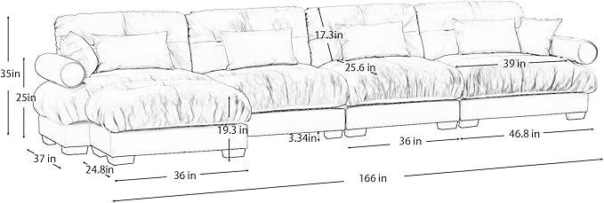 Ball & Cast L Shaped Sectional Cloud Sofa,166" Modular Velvet Sectional Couch with Movable Ottoman,4 Seater Couches w/Waist Pillow,Throw Pillows and Blostered Armrest,for Living Room,Olive Green