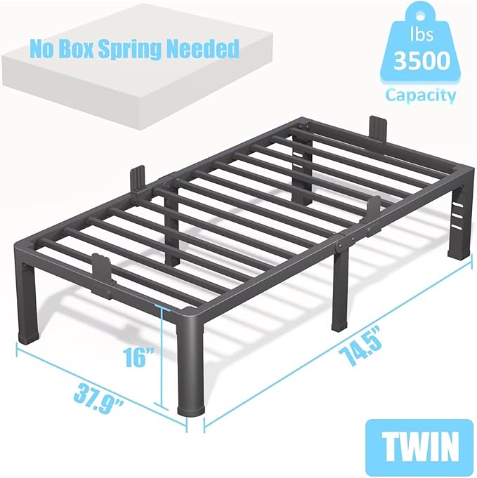 FUIOBYVV 16 Inch Twin Bed Frame with Rounded Corner and Headboard Hole Mattress Retainers 3500 LBS Metal Heavy Duty Steel Slats Support No Box Spring Needed Platform Noise Free Easy Assembly