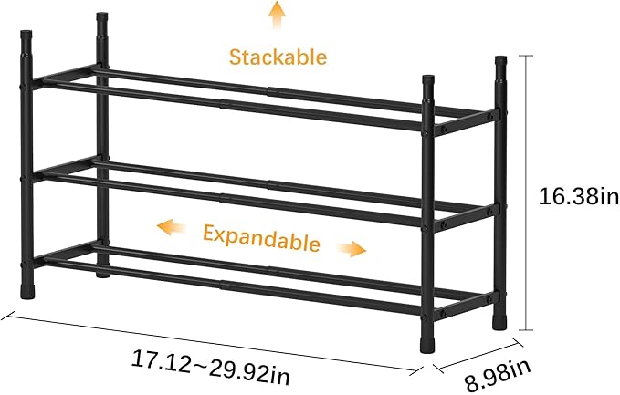 TZAMLI 3-Tier Shoe Rack for Closet, Expandable and Stackable Shoe Organizer Adjustable Metal Shoe Storage Small Shoe Shelf for Entryway Entrance, Black