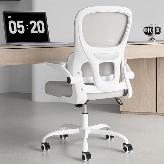 Soohow Office Chair, Mesh Ergonomic Office Chair with Lumbar Support, Comfy Computer Desk Chair with Flip Armrest Rolling Wheels for Home Study Room Office, White & Khaki
