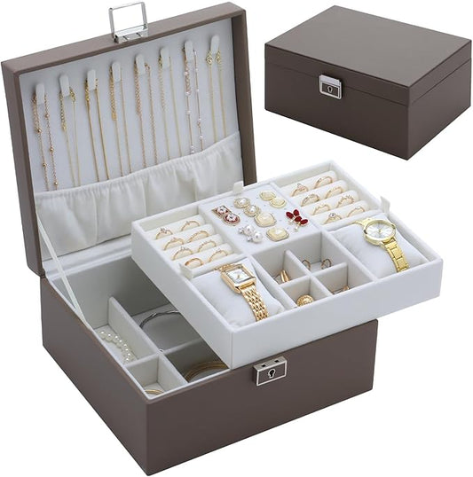 Jewelry Organizer Box for Girls Women,Large Genuine Leather Jewelry Organizers and Storage with Earring Holder Organizer Removable Velvet Jewelry Tray,Christmas Gifts for Mom,Grey