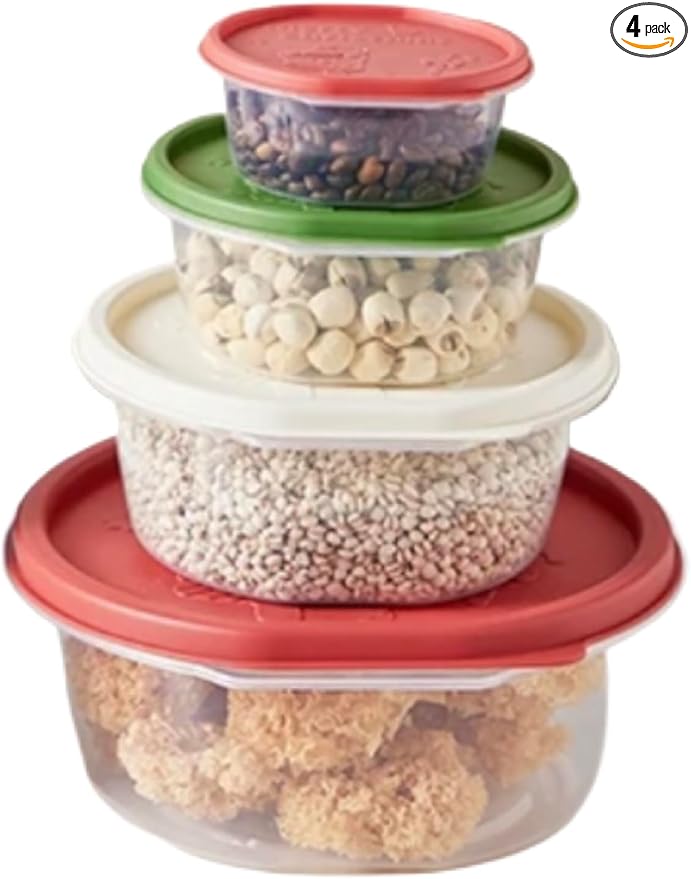 Plastic Food Storage Container Set, 4 Containers with Lids, Assorted Colors (ROUND HOLIDAY CHEER)