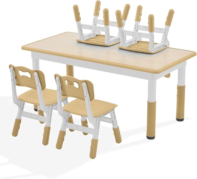 Kids Study Table and Chairs Set, Height Adjustable Toddler Table and Chair Set for Kids Ages 3-8, Graffiti Desktop (Wooden Brown)