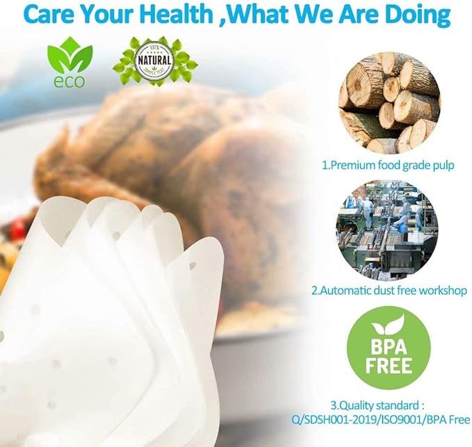 200pcs 8.5inch Square Perforated Parchment Paper Sheets, Premium Nonstick Bamboo Steamer Liner for Air Fryers, Steaming Basket, Oven, Baking, Cooking