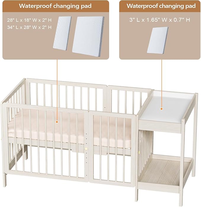 JOYMOR 8 in 1 Convertible Crib with Changer, Include 2” Mattress, Converts to Bassinet, Mid Crib, Full Size Crib, Daybed,Toddler Bed and Playard (Crib with Changer, Washed Natural)