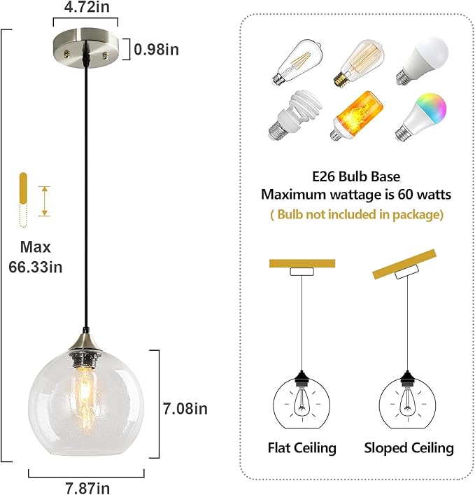 Modern Pendant Light Fixture, Clear Glass, 7.87in, Kitchen Island, Living Dining Room, 3-Pack