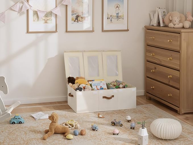 StorageWorks Large Toy Storage Bins with Lids, Collapsible Sturdy Toy Chests, Storage Chests with Dividers for Nursery, Living Room, Playroom, Bedroom, Beige