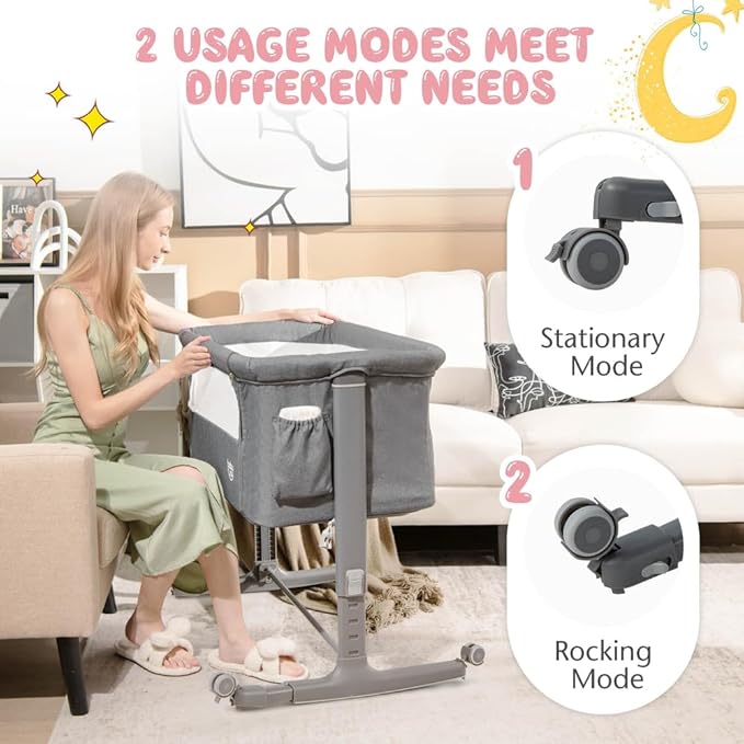 BABY JOY Bassinet Bedside Sleeper, 3 in 1 Folding Crib w/Adjustable Height, Mattress, Lockable Wheels, Storage Pocket & Carry Bag for Infant Newborn, Stationary & Rock, Portable Baby Bassinet (Grey)