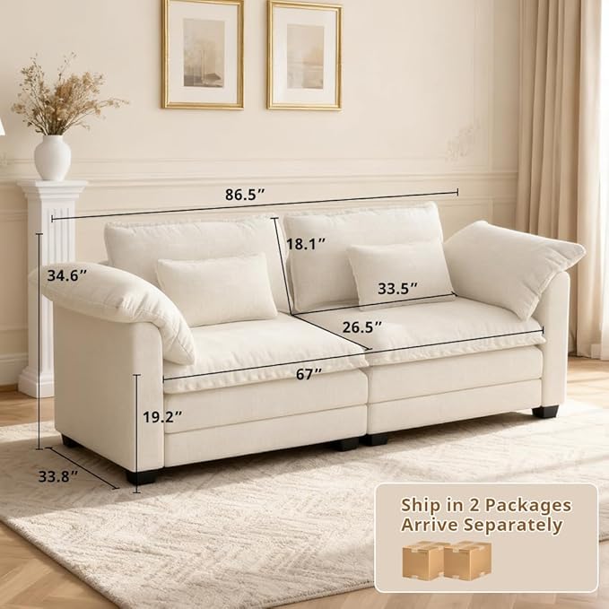 COMHOMA 86" Sectional Sofa,Comfy Cloud Modular Couch with Throw Pillows,Modern Chenille Deep Seat Sofa Couches for Living Room,Beige