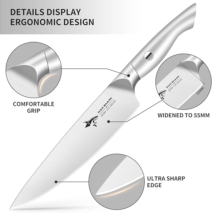 MAD SHARK Knife Set for Kitchen with Block, 17pc Cutlery Set, Built-in Sharpener, German Stainless Steel, Non-slip Ergonomic Handle, Dishwasher Safe