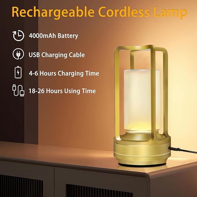 Portable Cordless Table Lamp, 4000mAh Lumisom Klarako Crystal Lantern, Rechargeable Metal Table Lamp, 3 Colors Stepless Dimming Touch, Table Light for Restaurant/Bedroom/Bars/Outdoor Party/Camping
