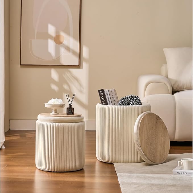 Round Set of 2 Ottoman with Storage-Upholstered Velvet Vanity Stool for MakeupMultifunctional Ottomans Coffee Table Padded Seat Foot Rest for Living Room&Bedroom(White)