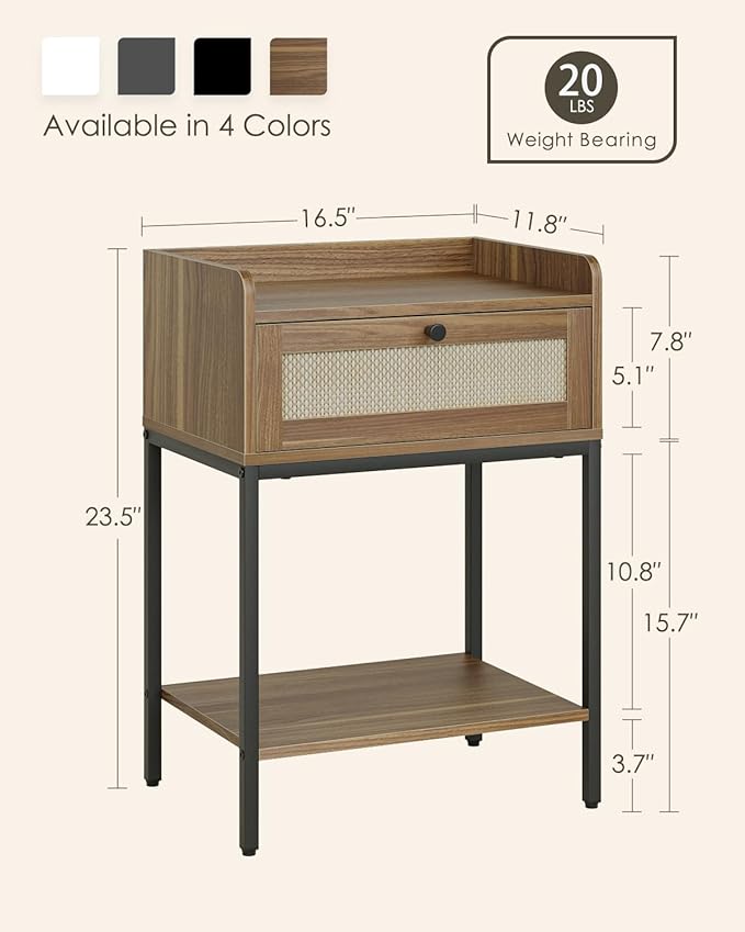 Masupu Rattan Nightstand,3-Tier Modern Bedside Night Stand with Storage Drawer and Shelf,Small End Side Table for Bedroom,Living Room,Walnut Brown (Without Outlet, Brown)