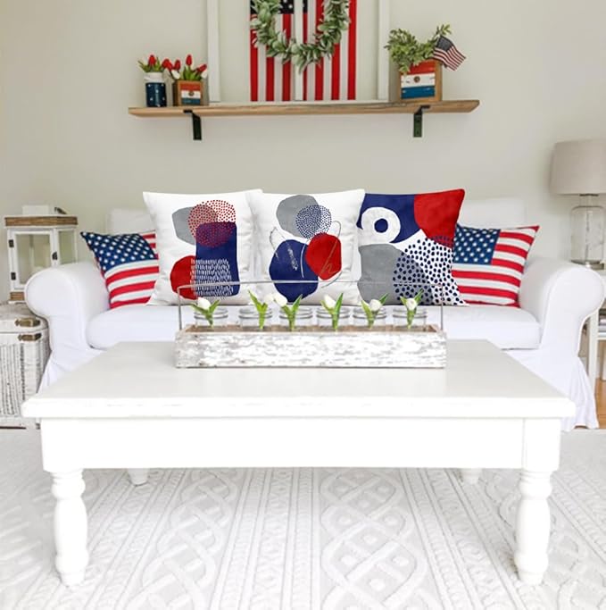 Jartinle 4th of July Pillow Covers 18x18 Set of 4 Patriotic Red White & Blue Abstract Throw Covers, Geometric Memorial Day Independence Decor for Couch, Sofa Home Outdoor Decorations