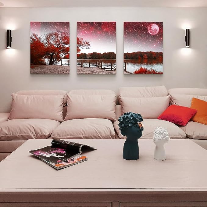 Wall Art Decor Poster Living Room Abstract Red Tree Moon Starry Sky Red Landscape Paintings Bathroom Wall Art Bedroom Canvas Prints Works 3 Pieces Picture Ready To Hang Office Home Decoration Artwork