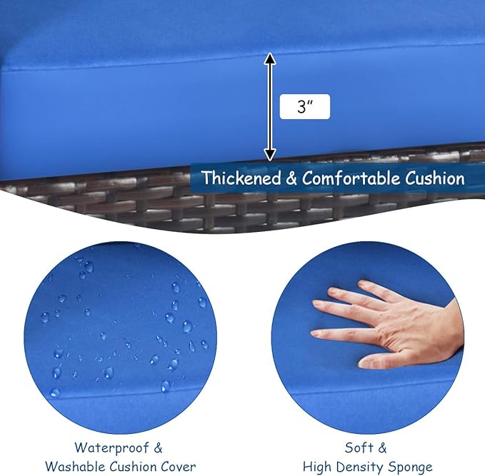 Tangkula 3 Pieces Patio Furniture Set, Outdoor Rattan Sofa and Side Table w/Solid Acacia Wood Frame, High Load Bearing Conversation Bistro Set w/Washable and Removable Cushions (Navy Blue)