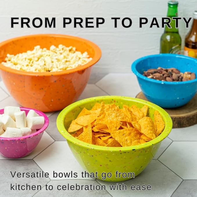 Confetti Nesting Mixing Bowls Set - 4-Piece Colorful Kitchen Bowls (18oz, 1.25QT, 2.5QT, 4QT) - BPA-Free, Dishwasher Safe, Space-Saving Design Vibrant Color
