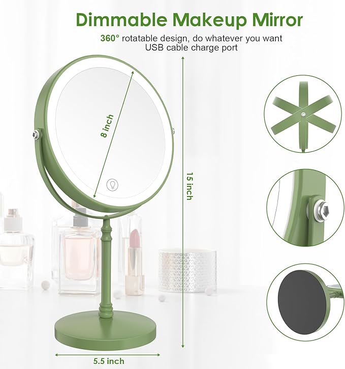Lighted Makeup Mirror, 3000 mAh Rechargeable Double Sided Magnifying Vanity Mirror with 3 Colors, 1x/10x, 360° Rotation , Brightness Adjustable Magnification Cosmetic Light up Mirror, Women Gift