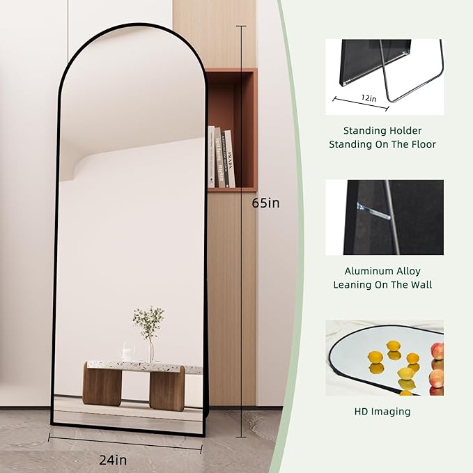 Beauty4U Arched Full Length Mirror - Standing or Leaning, Bedroom Dressing Mirror with Black Aluminum Alloy Frame, 65" x 24"